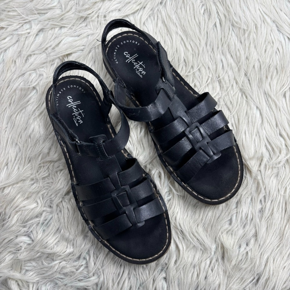Clarks Women's 8 Black Leather Fisherman Sandals Coastal Preppy Nautical - Picture 2 of 5